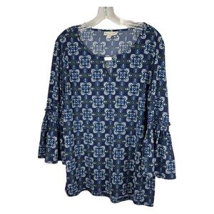 Dana Buchman floral geometric bell sleeve blue casual workwear L office